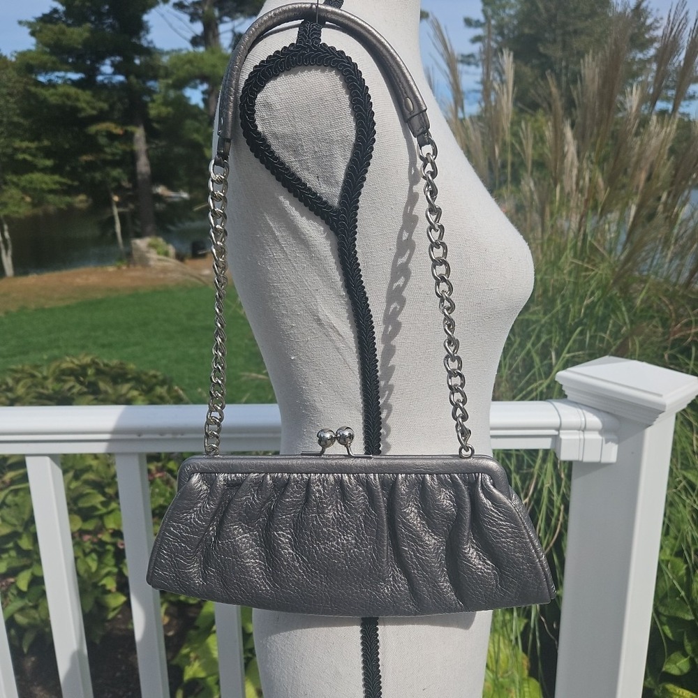 Talbots Metallic Pewter Genuine Leather KissLock Shoulder Bag Silver Chain Strap